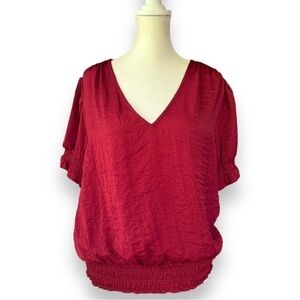1. STATE Burgundy Red Crinkle Satin Shirred Short Sleeve Blouse | Size Large